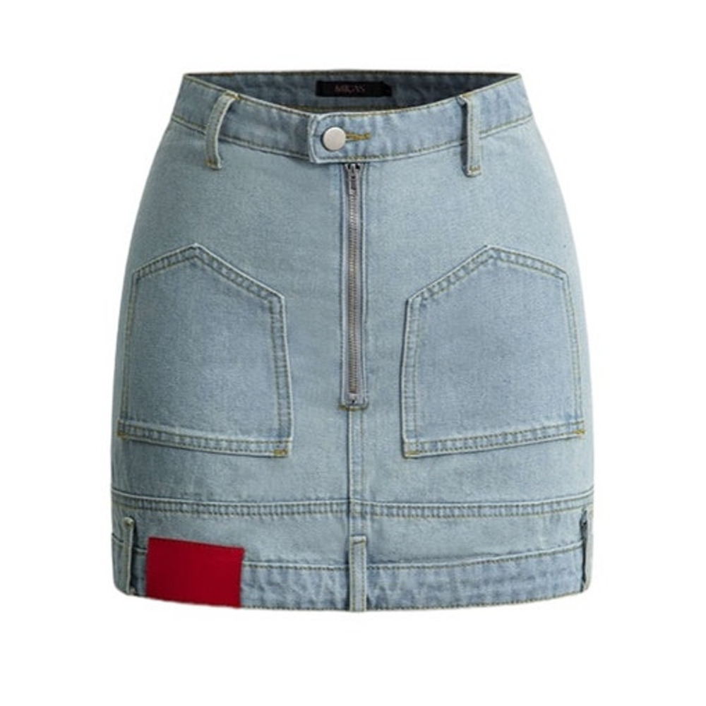 Denim Mini Skirt with Red Accent